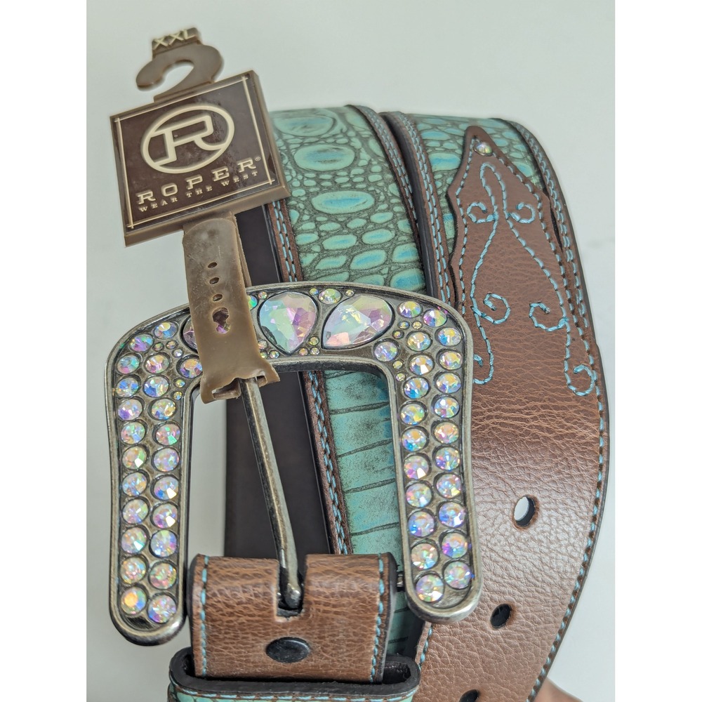 Roper Womens XXL Brown Turquoise Leather Western Belt Rhinestone Buckle 63847